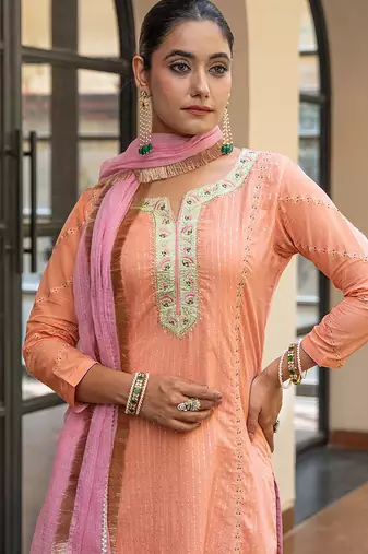 Peach a line embroidered kurta with pant and dupatta