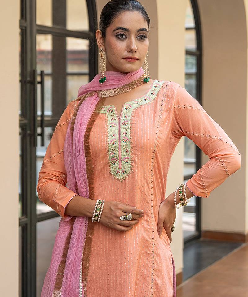 Peach a line embroidered kurta with pant and dupatta