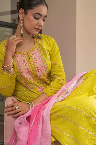 Olive a line embroidered kurta with pant and ombre dupatta