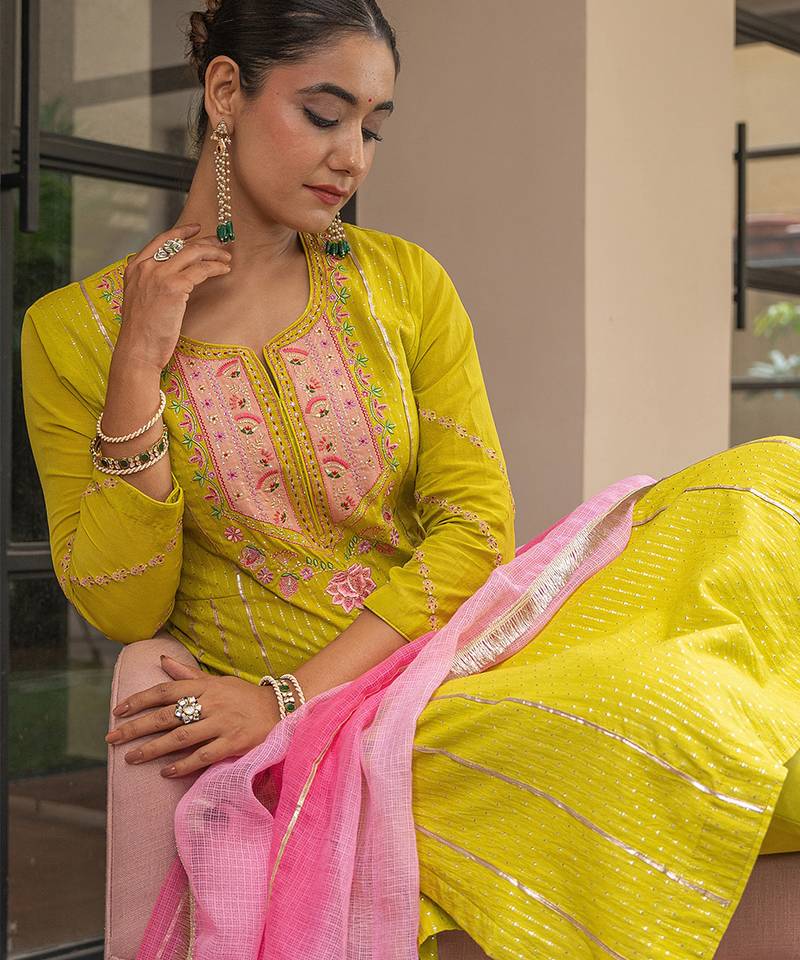 Olive a line embroidered kurta with pant and ombre dupatta
