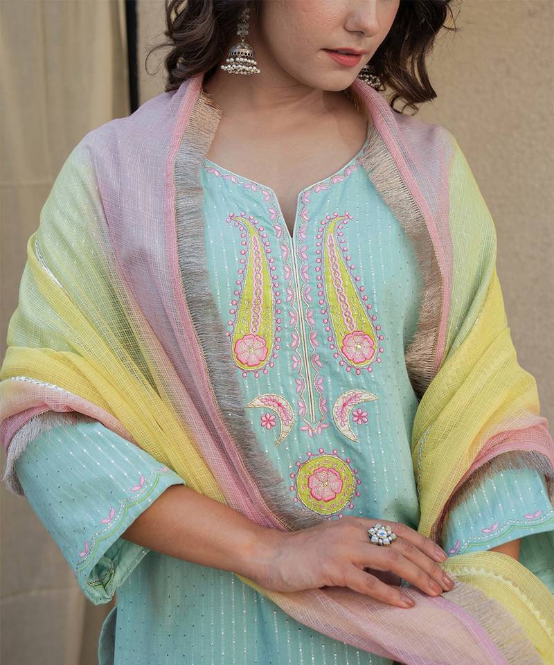 Mint green embroidered short kurta with farshi salwar and ombre dupatta