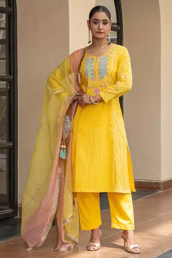 Yellow a line embroidered kurta with pant and ombre dupatta
