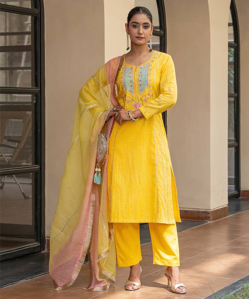 Yellow a line embroidered kurta with pant and ombre dupatta