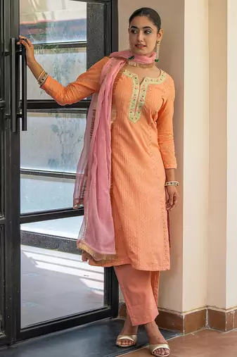 Peach a line embroidered kurta with pant and dupatta