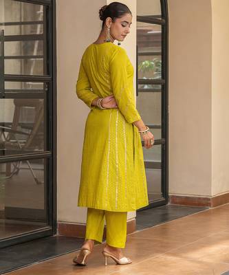 Olive a line embroidered kurta with pant and ombre dupatta 5