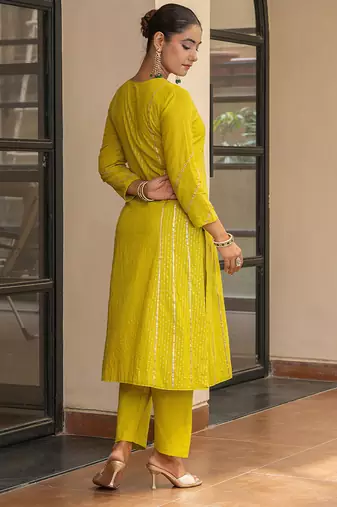 Olive a line embroidered kurta with pant and ombre dupatta