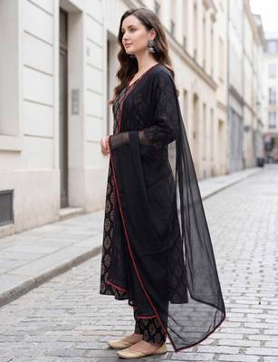 Black printed pure cotton kurta trouser dupatta set 4