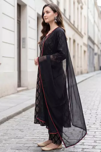 Black printed pure cotton kurta trouser dupatta set