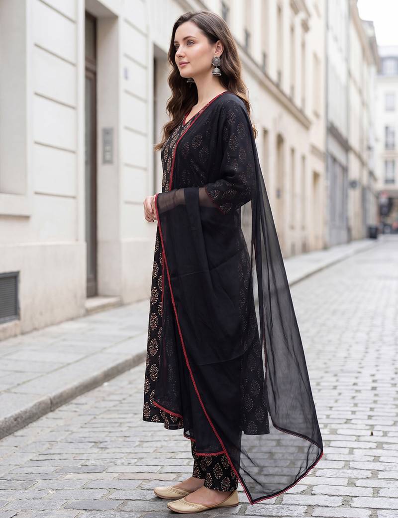 Black printed pure cotton kurta trouser dupatta set