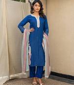 Royal blue embroidered kurta with pant and dupatta