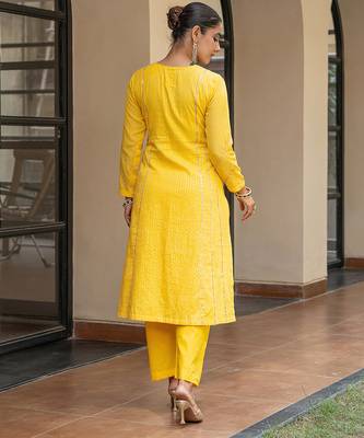 Yellow a line embroidered kurta with pant and ombre dupatta 5