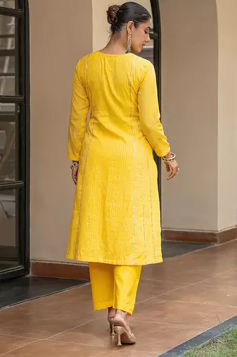 Yellow a line embroidered kurta with pant and ombre dupatta
