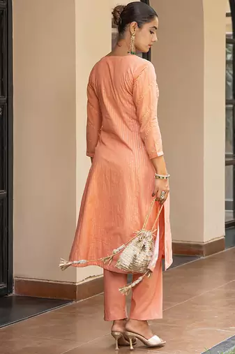 Peach a line embroidered kurta with pant and dupatta