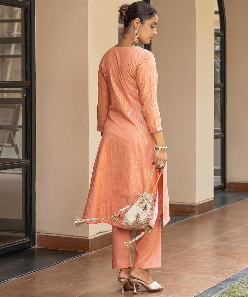 Peach a line embroidered kurta with pant and dupatta
