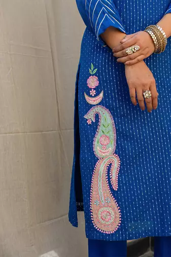 Royal blue embroidered kurta with pant and dupatta