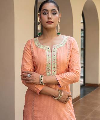 Peach a line embroidered kurta with pant and dupatta 5