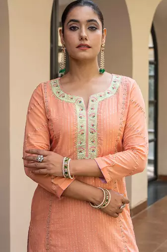 Peach a line embroidered kurta with pant and dupatta