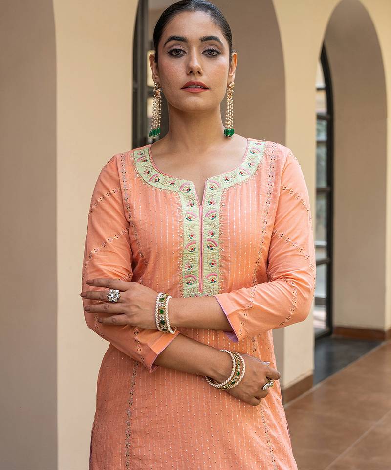 Peach a line embroidered kurta with pant and dupatta