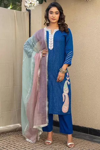 Royal blue embroidered kurta with pant and dupatta