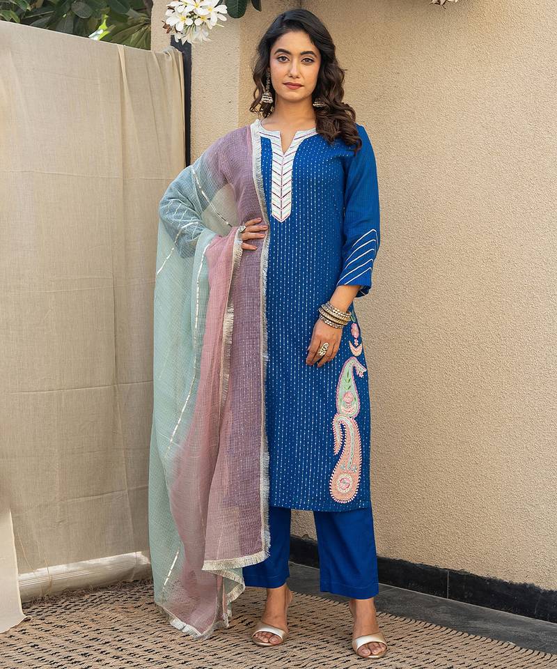 Royal blue embroidered kurta with pant and dupatta