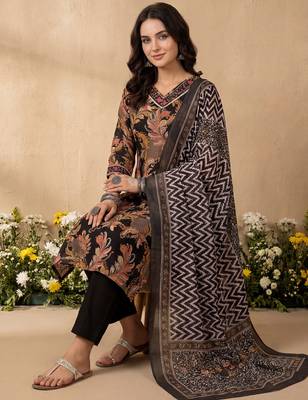 Black embroidered pure cotton kurta trouser dupatta set 1