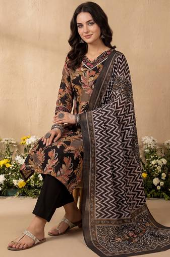 Black embroidered pure cotton kurta trouser dupatta set