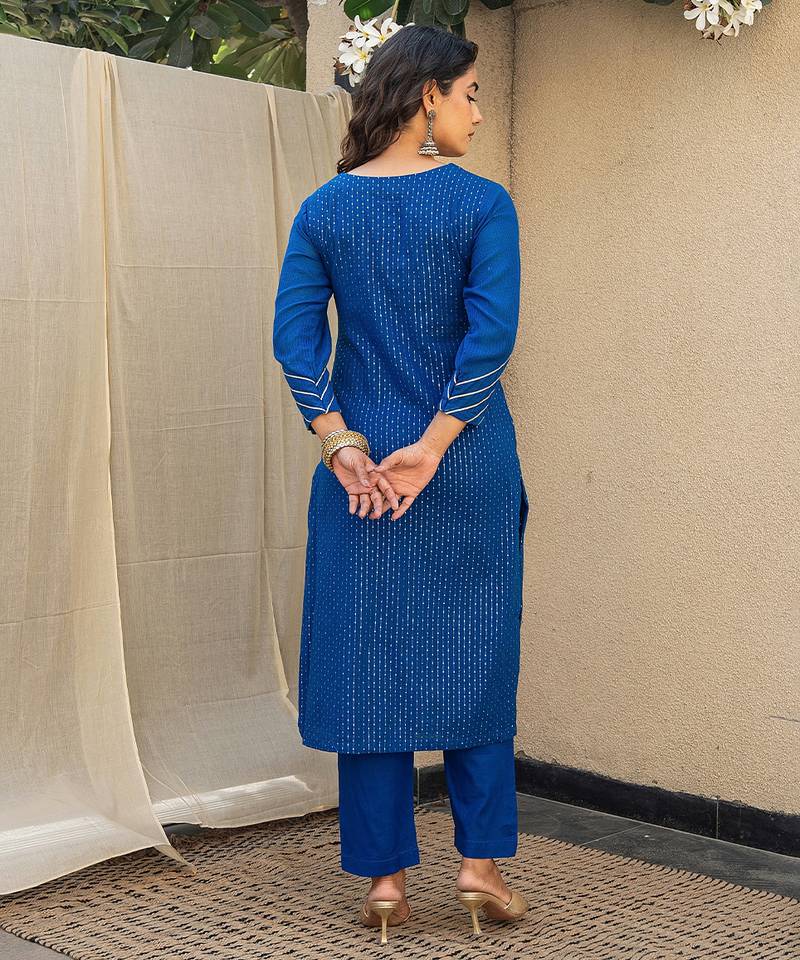 Royal blue embroidered kurta with pant and dupatta