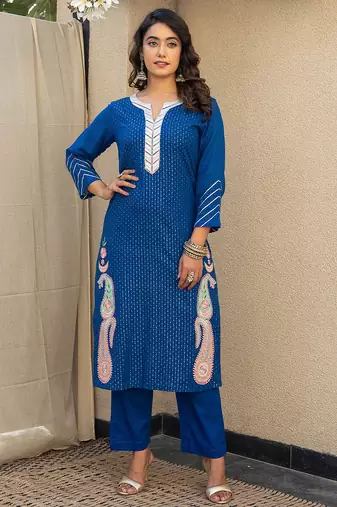 Royal blue embroidered kurta with pant and dupatta