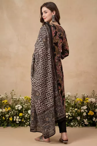 Black embroidered pure cotton kurta trouser dupatta set