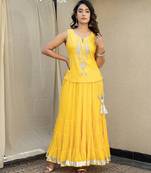 Yellow embroidered top with crinkled voille skirt set