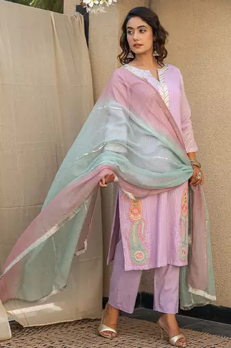 Lilac embroidered kurta with pant and dupatta