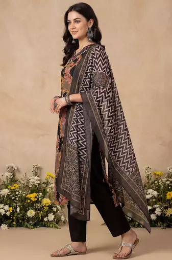 Black embroidered pure cotton kurta trouser dupatta set