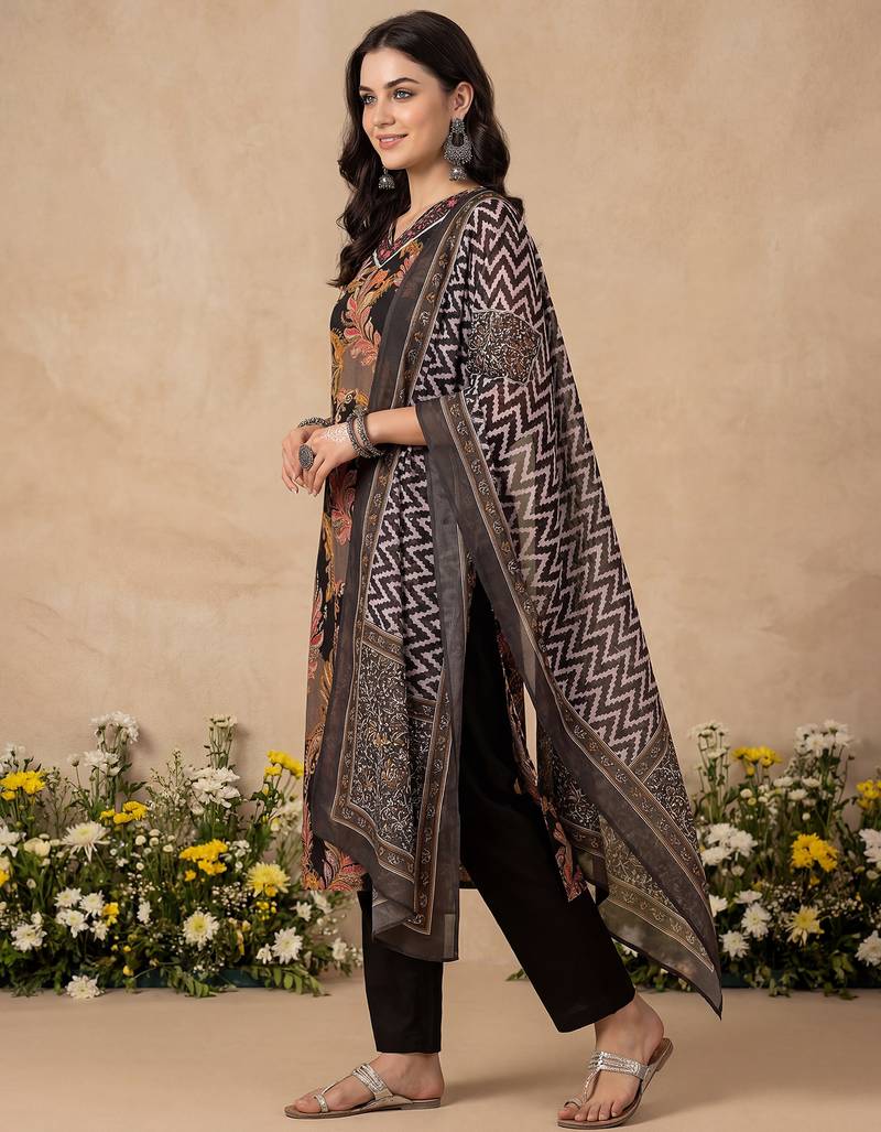 Black embroidered pure cotton kurta trouser dupatta set