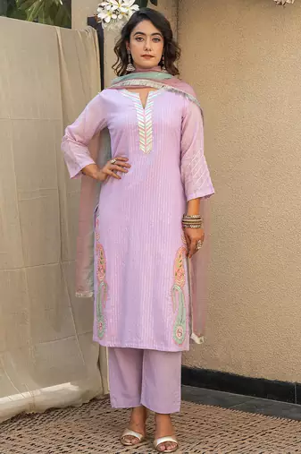 Lilac embroidered kurta with pant and dupatta