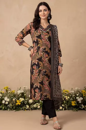 Black embroidered pure cotton kurta trouser dupatta set