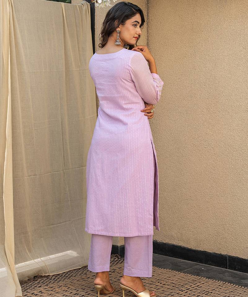 Lilac embroidered kurta with pant and dupatta