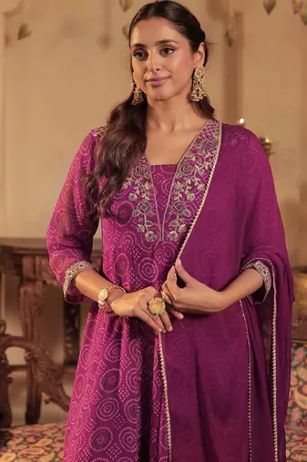 Burgundy embroidered georgette kurta trouser dupatta set