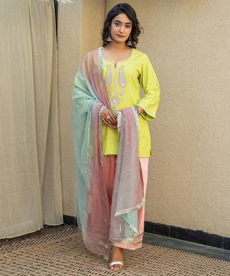 Lime green embroidered short kurta with farshi salwar and ombre dupatta 1