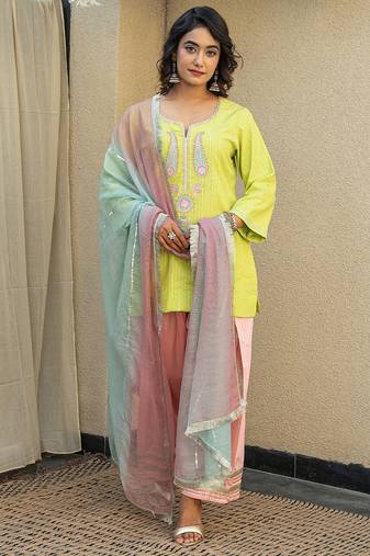 Lime green embroidered short kurta with farshi salwar and ombre dupatta