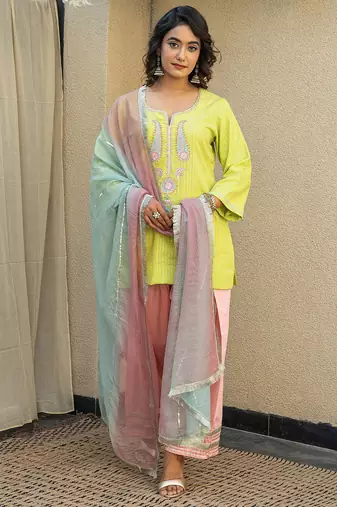 Lime green embroidered short kurta with farshi salwar and ombre dupatta
