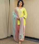 Lime green embroidered short kurta with farshi salwar and ombre dupatta