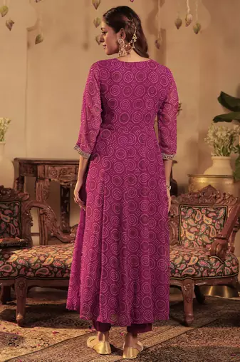 Burgundy embroidered georgette kurta trouser dupatta set