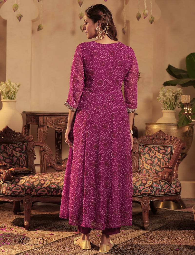 Burgundy embroidered georgette kurta trouser dupatta set