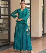 Green chanderi embroidered top and skirt set