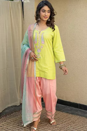 Lime green embroidered short kurta with farshi salwar and ombre dupatta