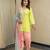 Lime green embroidered short kurta with farshi salwar and ombre dupatta