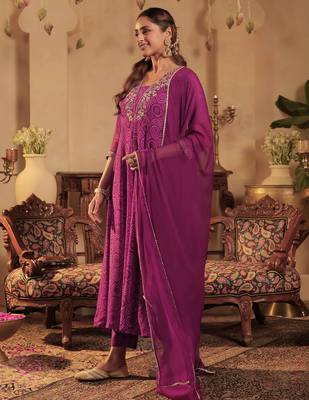 Burgundy embroidered georgette kurta trouser dupatta set 1