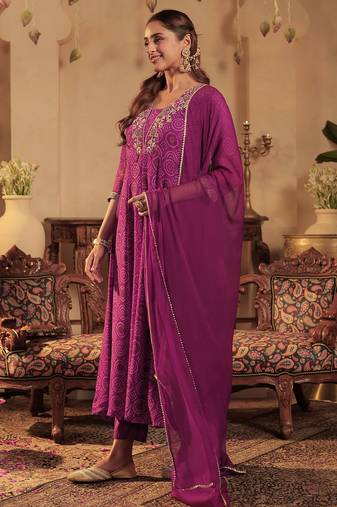 Burgundy embroidered georgette kurta trouser dupatta set