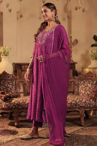 Burgundy embroidered georgette kurta trouser dupatta set