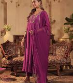 Burgundy embroidered georgette kurta trouser dupatta set